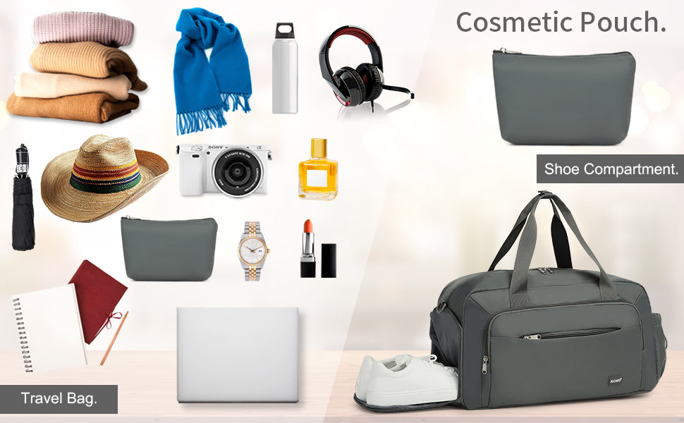 Conjunto de 2 bolsas de viaje Kono para equipaje de mano, bolsa de fin de semana con compartimento para zapatos y neceser, diseño multicámara para viajes y deportes.