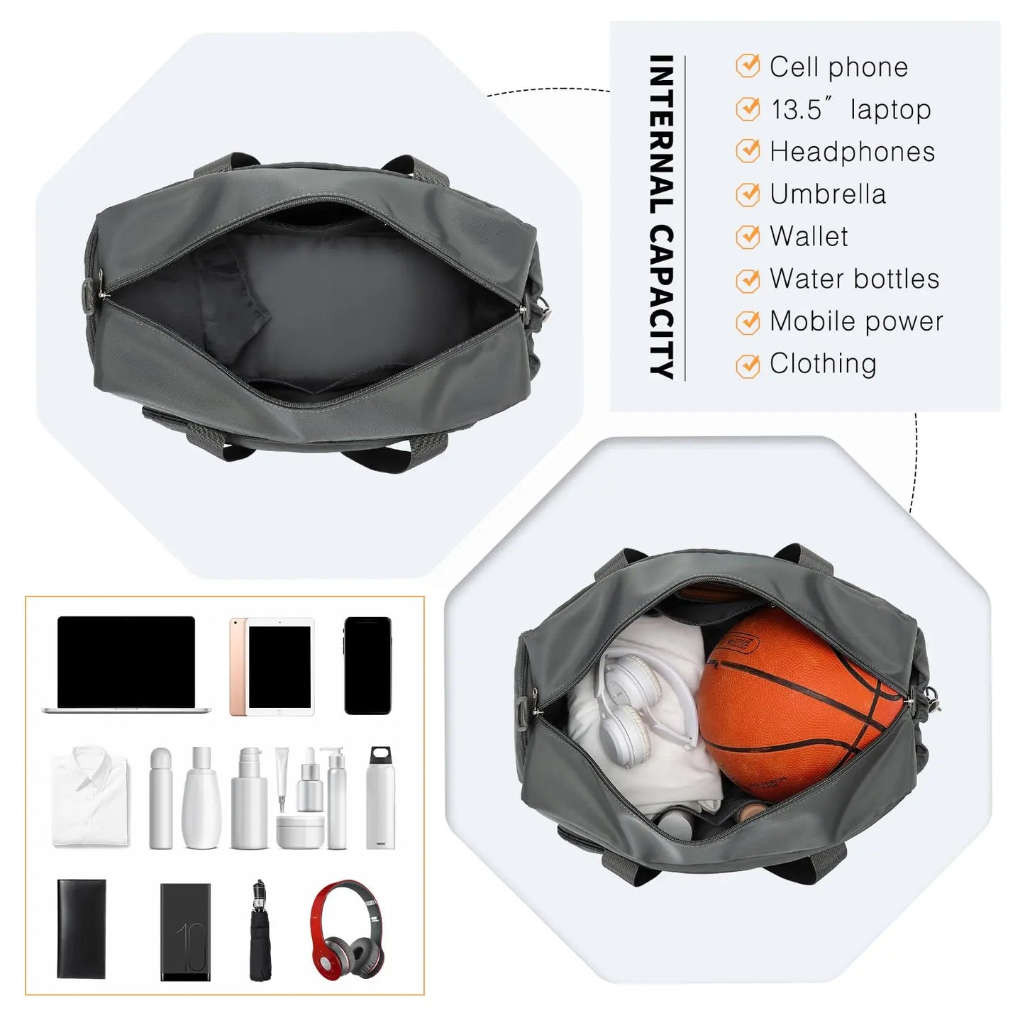Conjunto de 2 bolsas de viaje Kono para equipaje de mano, bolsa de fin de semana con compartimento para zapatos y neceser, diseño multicámara para viajes y deportes.