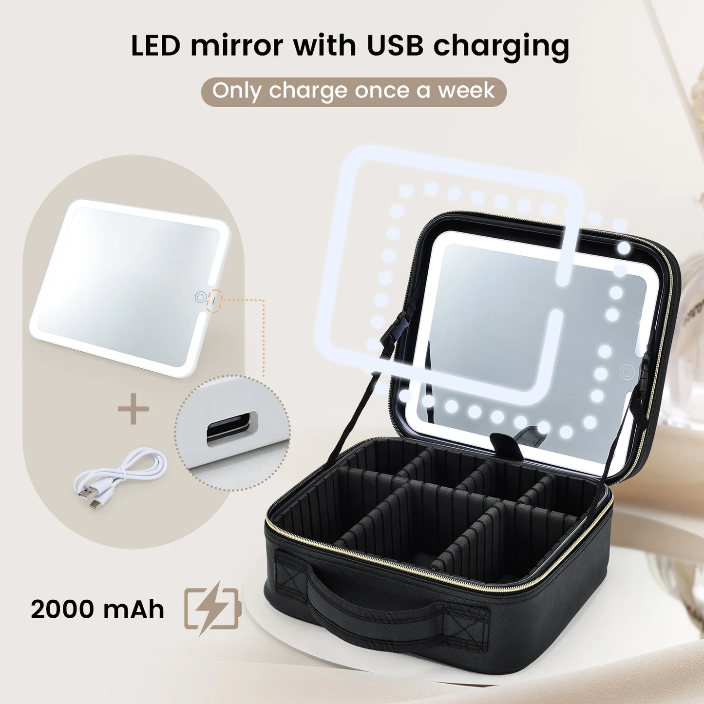 Bolsa de maquillaje con espejo LED